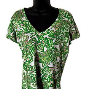 Lilly Pulitzer Etta V Neck Cotton Top Green Pink Print L Large